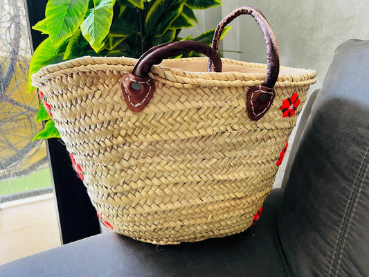 straw bag French Basket french market basket, Beach Bag Handmade Moroccan Basket - Natural French Basket Handle leather
