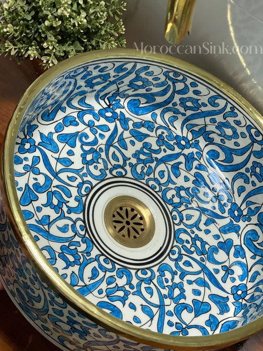Vessel Sink, Sink Bowl, Ceramic Basin, Hand Wash Basin,Antique Sink with Brass Rim Edge