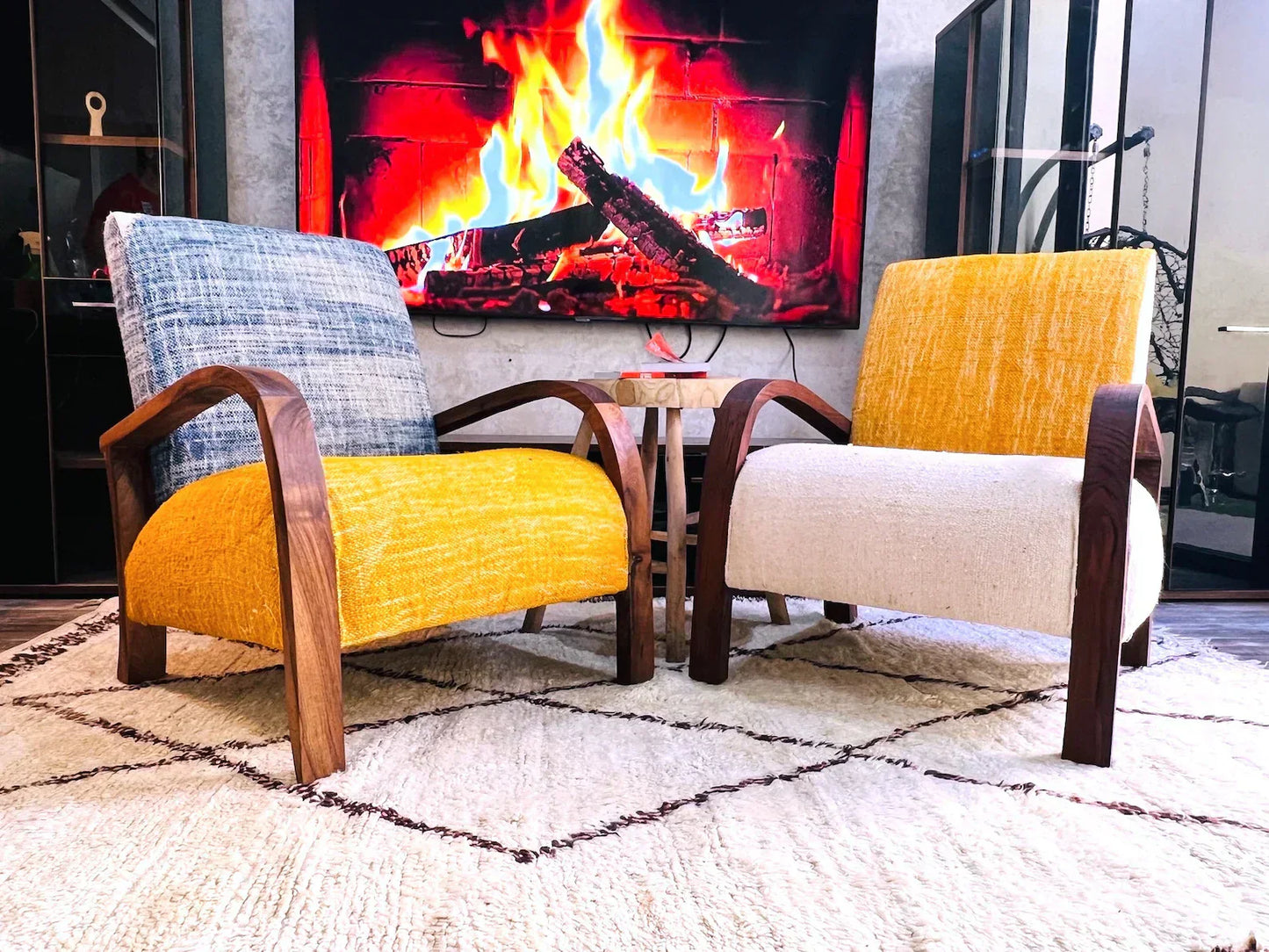 2 set of custom Moroccan Wool Lounge Chair with Walnut Frame