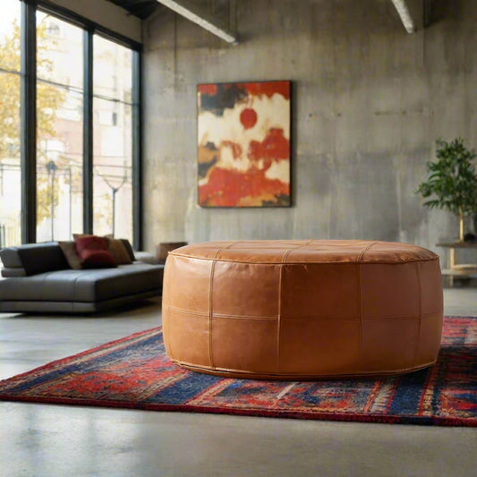 Round Leather Ottoman & Coffee Table
