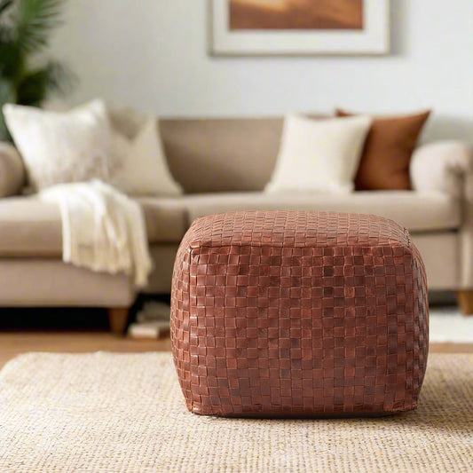 Woven Square Leather Pouf