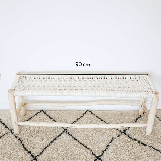 Banc berbere en bois brut et tressage coton