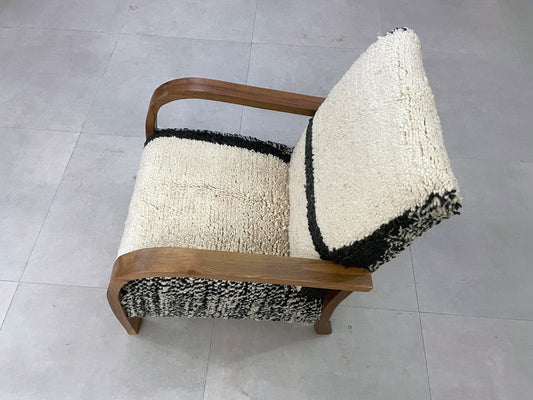 Minimalist Moroccan Shearling Chair - Black and White Wool Accent Chair with Wooden Frame - Mid century armchair, relax vintage modern chair