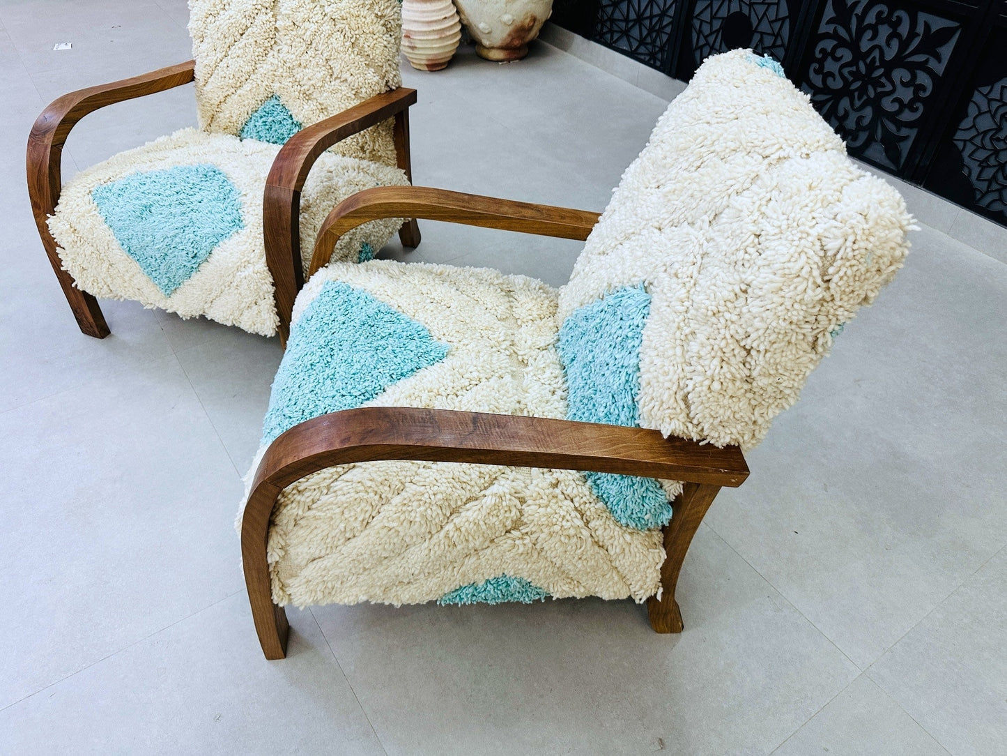 2 set of Moroccan Wool Lounge Chair with Walnut Frame