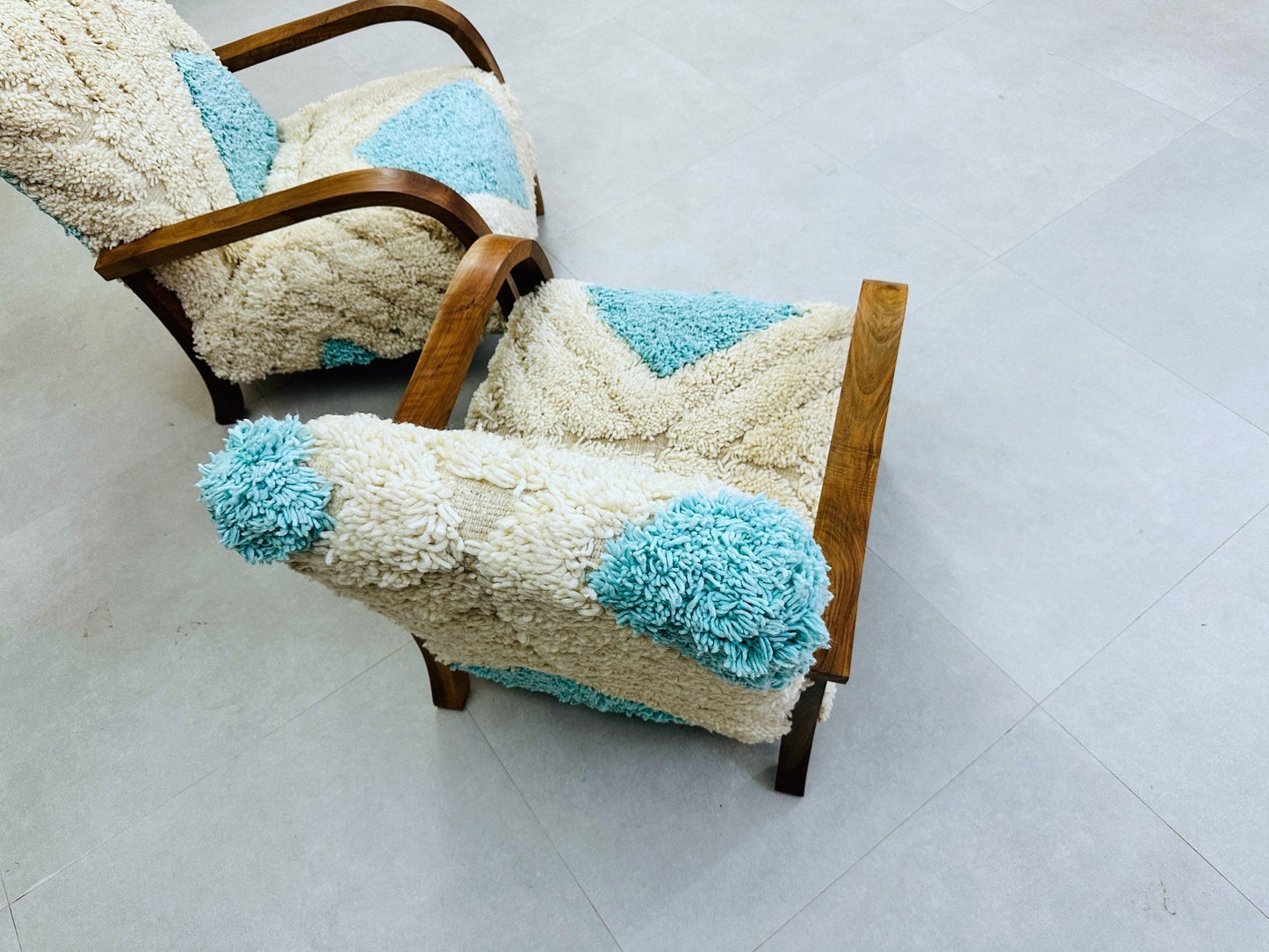 2 set of Moroccan Wool Lounge Chair with Walnut Frame