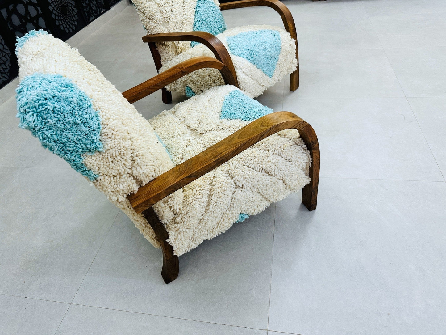 2 set of Moroccan Wool Lounge Chair with Walnut Frame