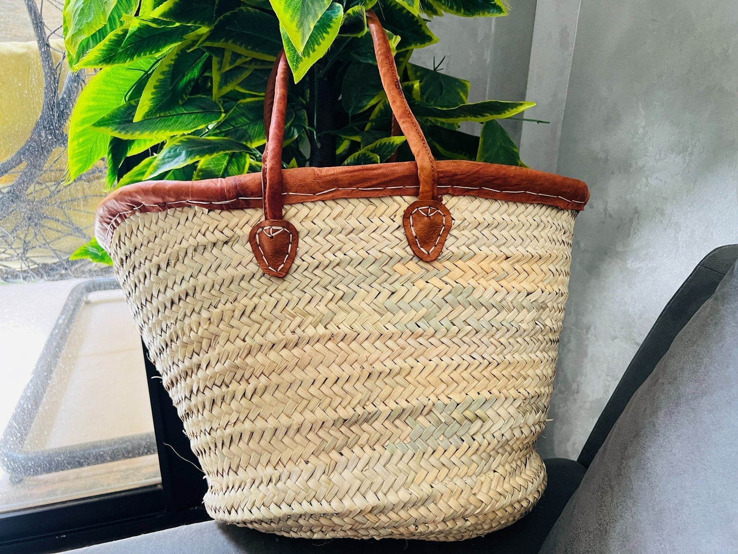 70% Off STRAW BAG Handmade with leather, French Market Basket, french market bag, Straw basket, french basket, grocery market bag
