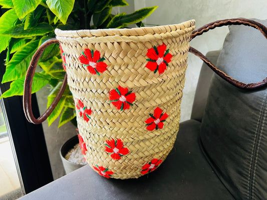 straw bag French Basket french market basket, Beach Bag Handmade Moroccan Basket - Natural French Basket Handle leather