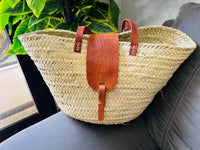 straw bag French Basket french market basket, Beach Bag Handmade Moroccan Basket - Natural French Basket Handle leather