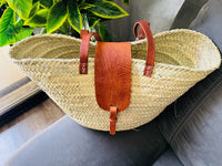 straw bag French Basket french market basket, Beach Bag Handmade Moroccan Basket - Natural French Basket Handle leather