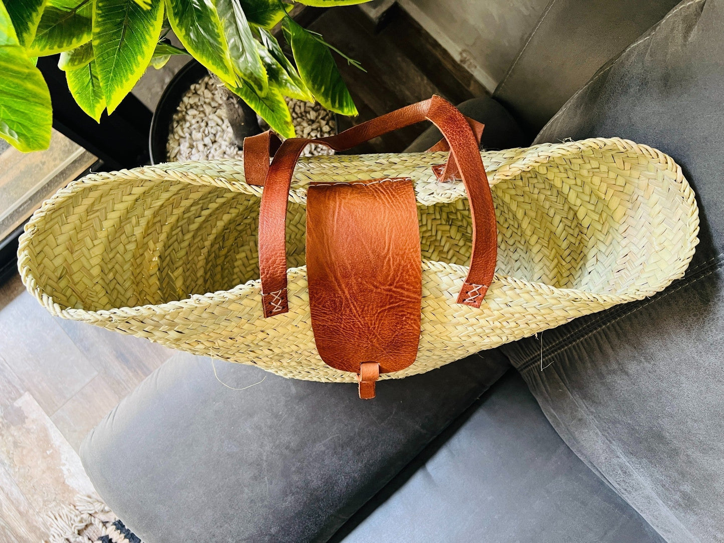 straw bag French Basket french market basket, Beach Bag Handmade Moroccan Basket - Natural French Basket Handle leather