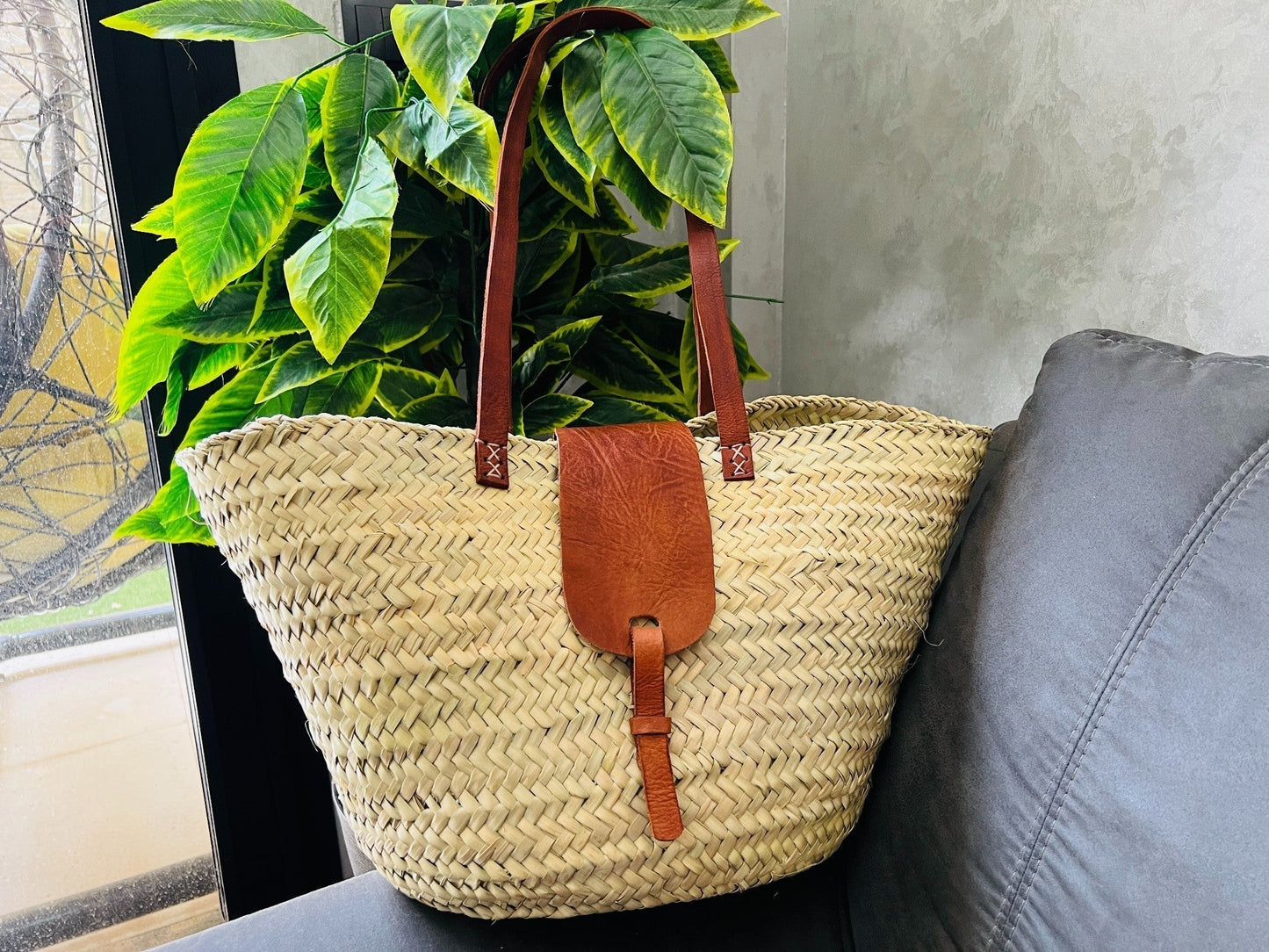 straw bag French Basket french market basket, Beach Bag Handmade Moroccan Basket - Natural French Basket Handle leather