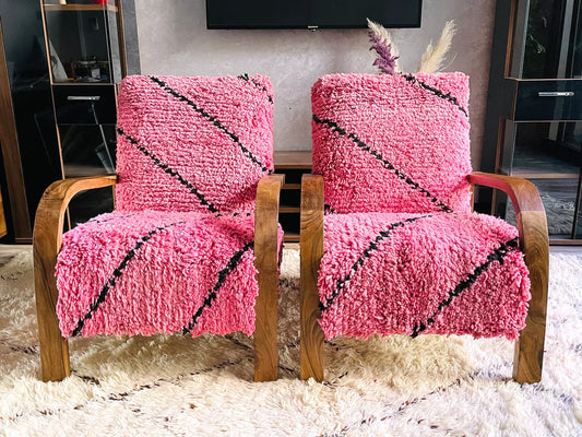 2 set of Moroccan Wool Lounge Chair with Walnut Frame