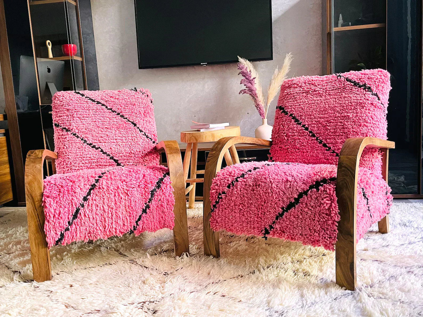 2 set of Moroccan Wool Lounge Chair with Walnut Frame