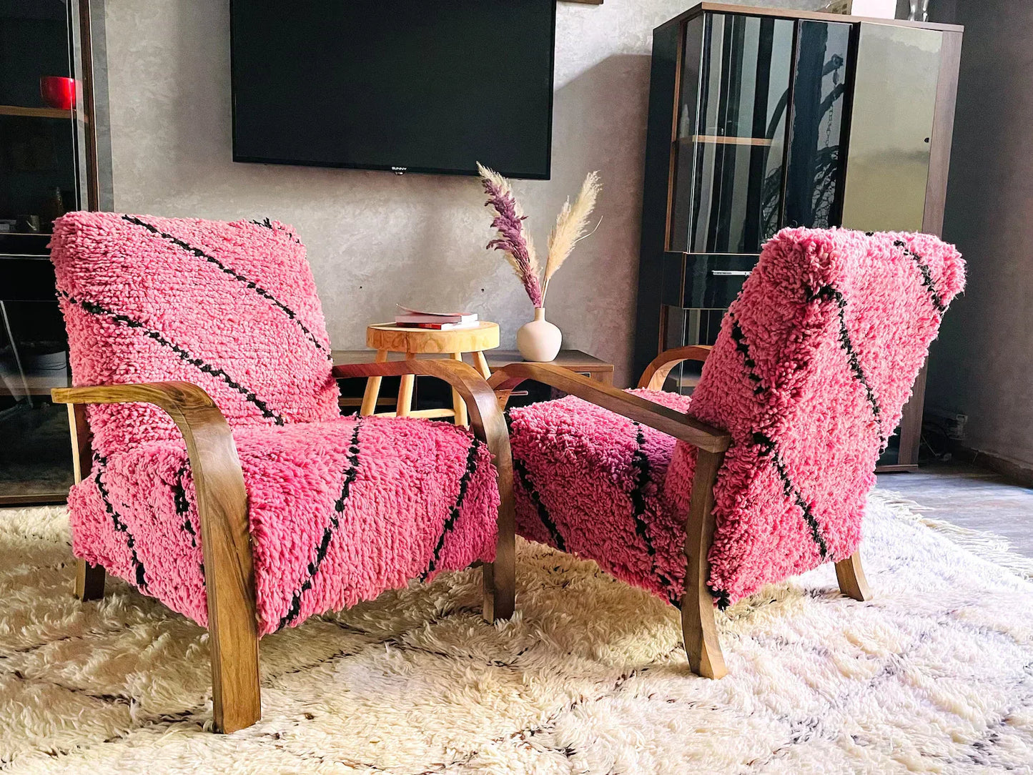 2 set of Moroccan Wool Lounge Chair with Walnut Frame
