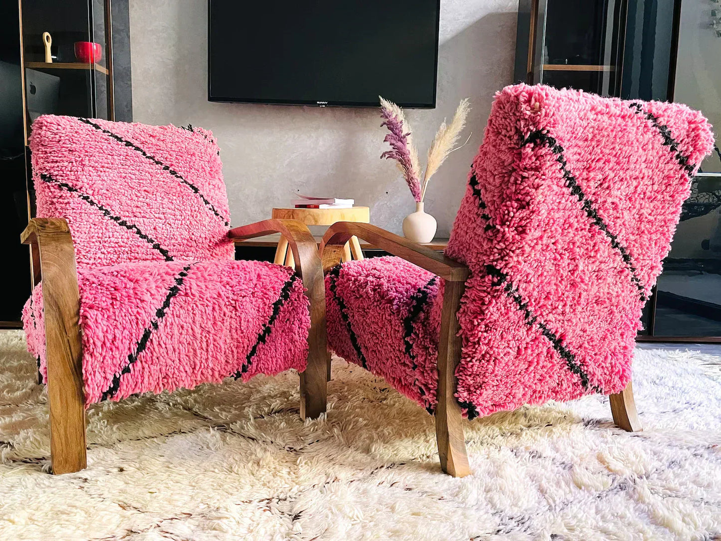 2 set of Moroccan Wool Lounge Chair with Walnut Frame