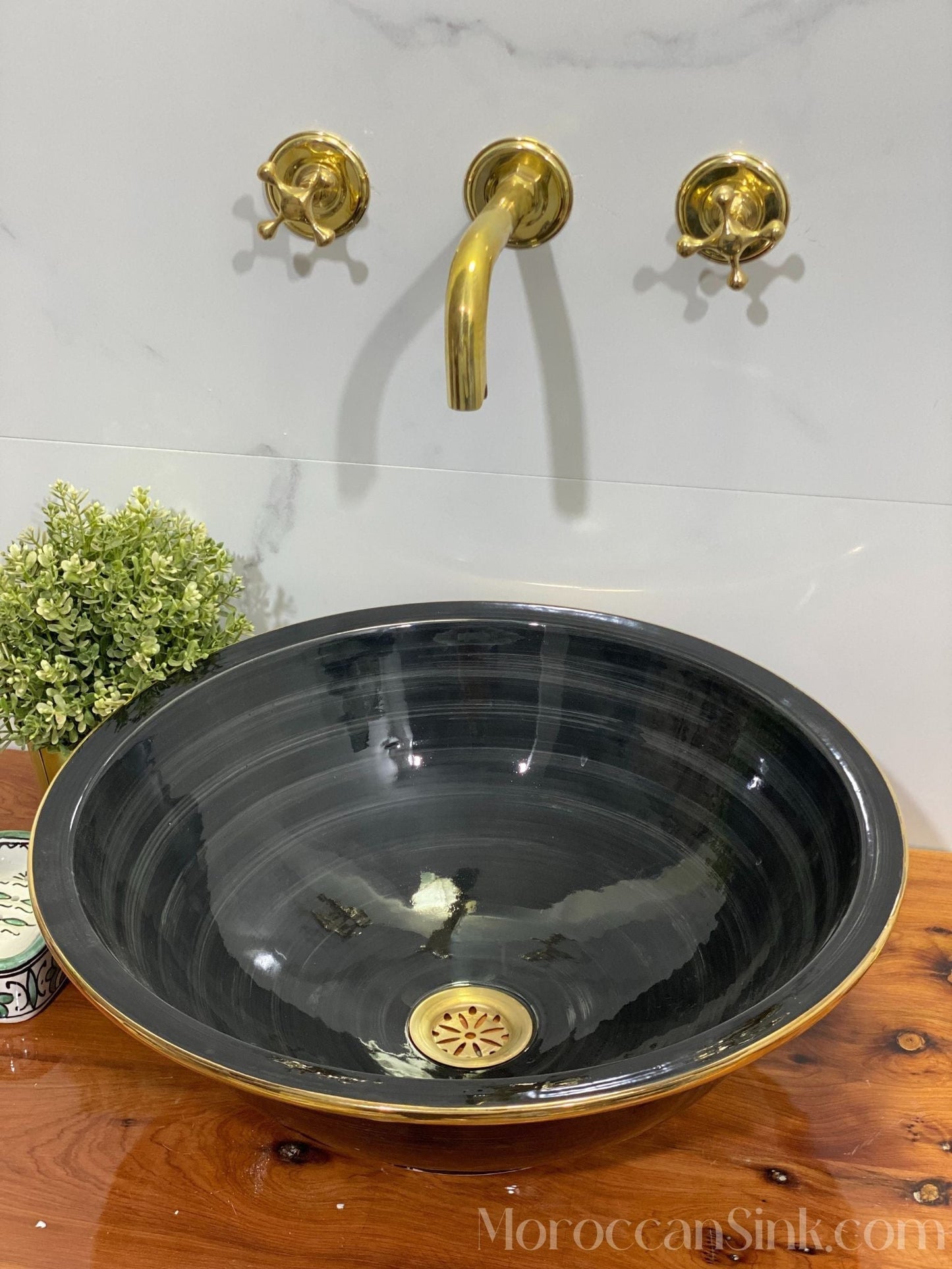 Moroccan Vessel Sink Gold Rim & Ceramic Bathroom Sink