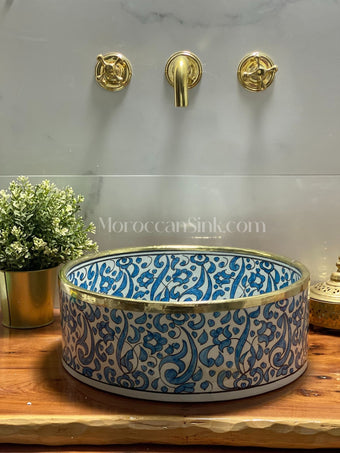 compare product Vessel Sink, Sink Bowl, Ceramic Basin, Hand Wash Basin,Antique Sink with Brass Rim Edge
