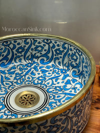 Vessel Sink, Sink Bowl, Ceramic Basin, Hand Wash Basin,Antique Sink with Brass Rim Edge