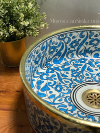 Vessel Sink, Sink Bowl, Ceramic Basin, Hand Wash Basin,Antique Sink with Brass Rim Edge