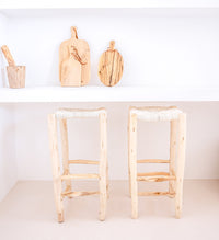 Tabouret de bar hauteur 65 cm en bois brut et coton blanc
