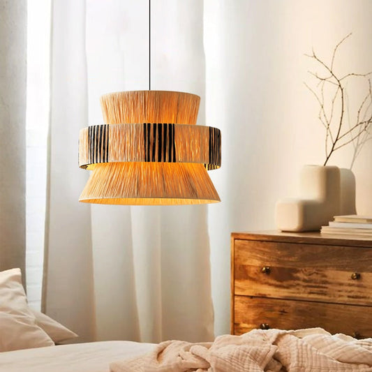 Wabi-Sabi Vintage Rattan Straw Pendant Light – Rustic Farmhouse Hanging Lamp for Cozy Home Decor