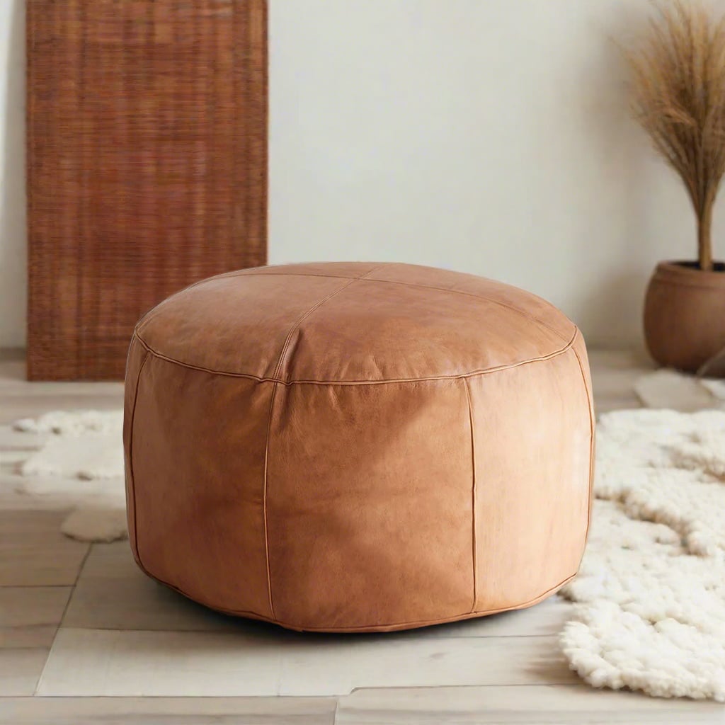 Hand-Stitched Round Leather Ottoman