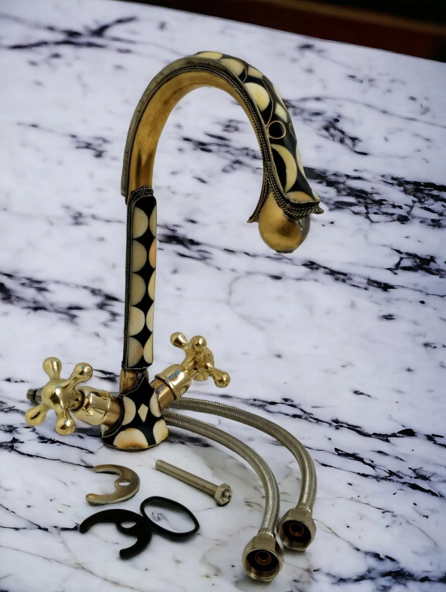 Unlacquered brass bathroom faucet with resin and bone accents #07