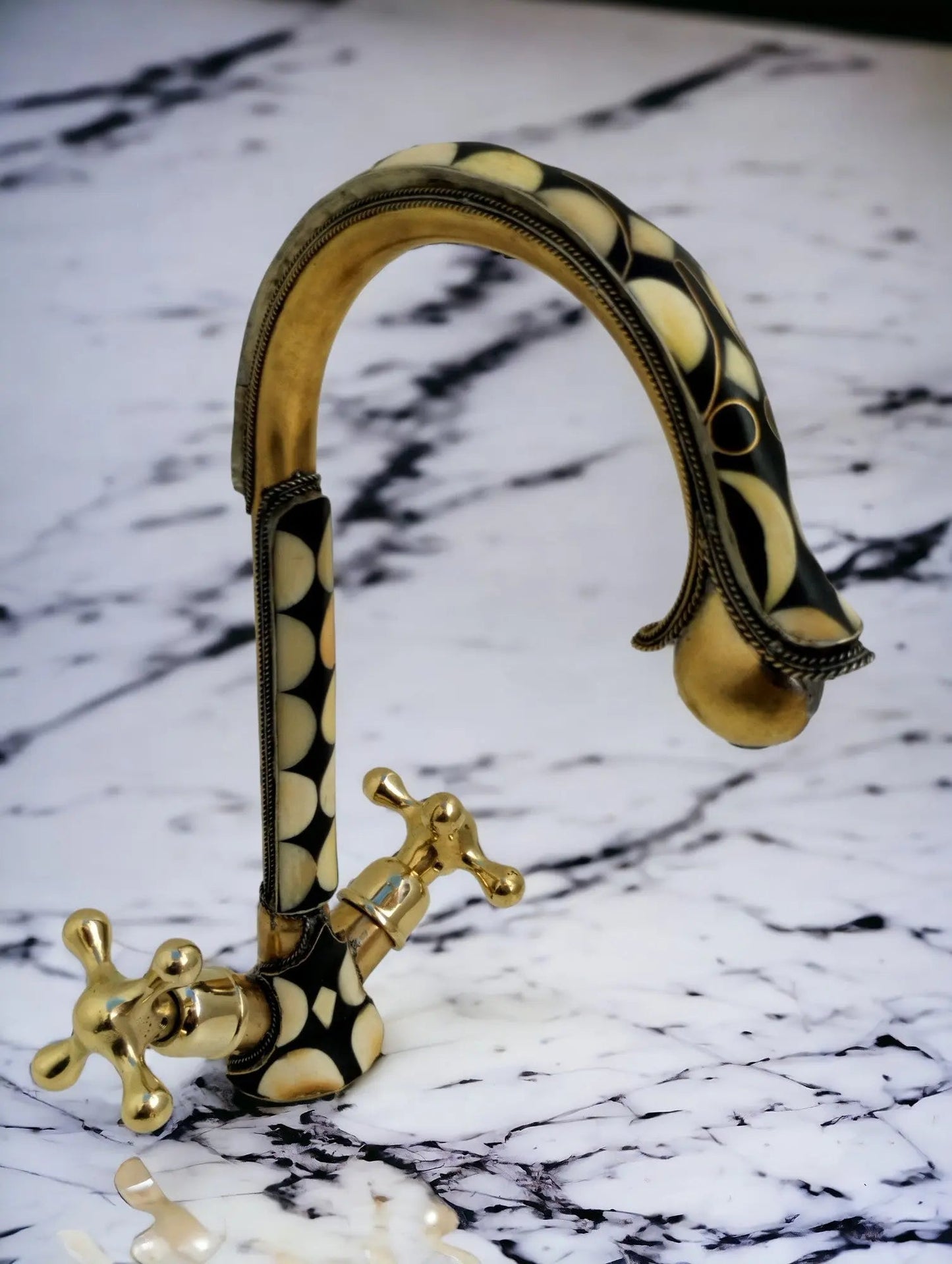 Unlacquered brass bathroom faucet with resin and bone accents #07