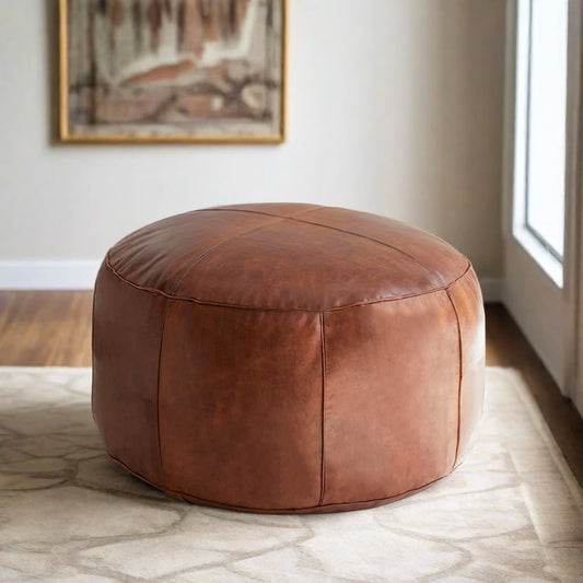 Hand-Stitched Round Leather Ottoman