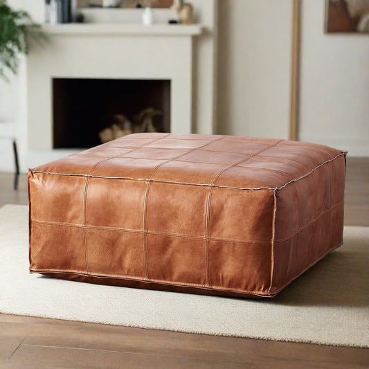Stitched Square Leather Ottoman