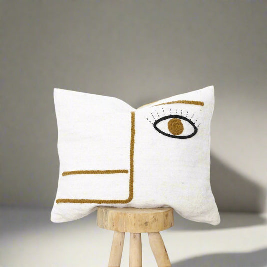Neutral Cushions with Colorful Hand Embroidered Wool, Abstract Textile Art