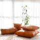 Handcrafted custom leather pillows in tan and light tan, displayed on a rug with natural light.