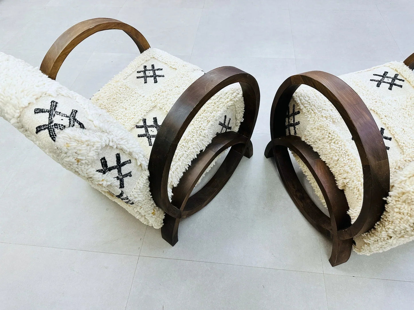 2 set of White Moroccan Wool Lounge Chair with Walnut Frame
