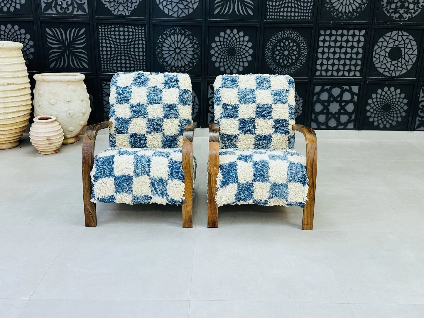 2 set of Moroccan Wool Lounge Chair with Walnut Frame