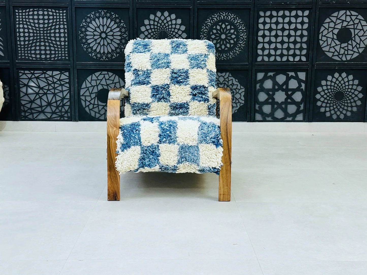 Moroccan Wool Lounge Chair with Walnut Frame
