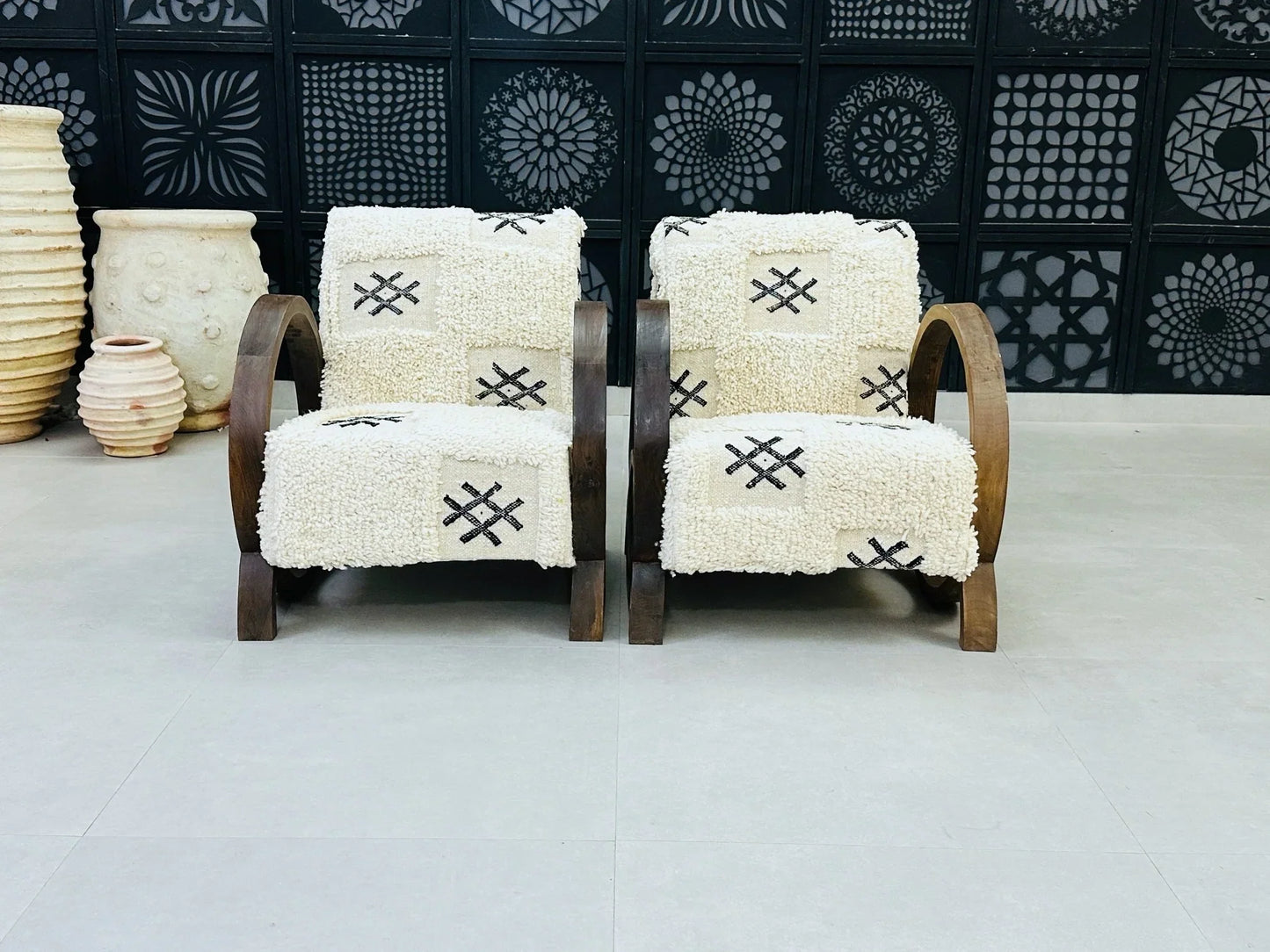 2 set of White Moroccan Wool Lounge Chair with Walnut Frame