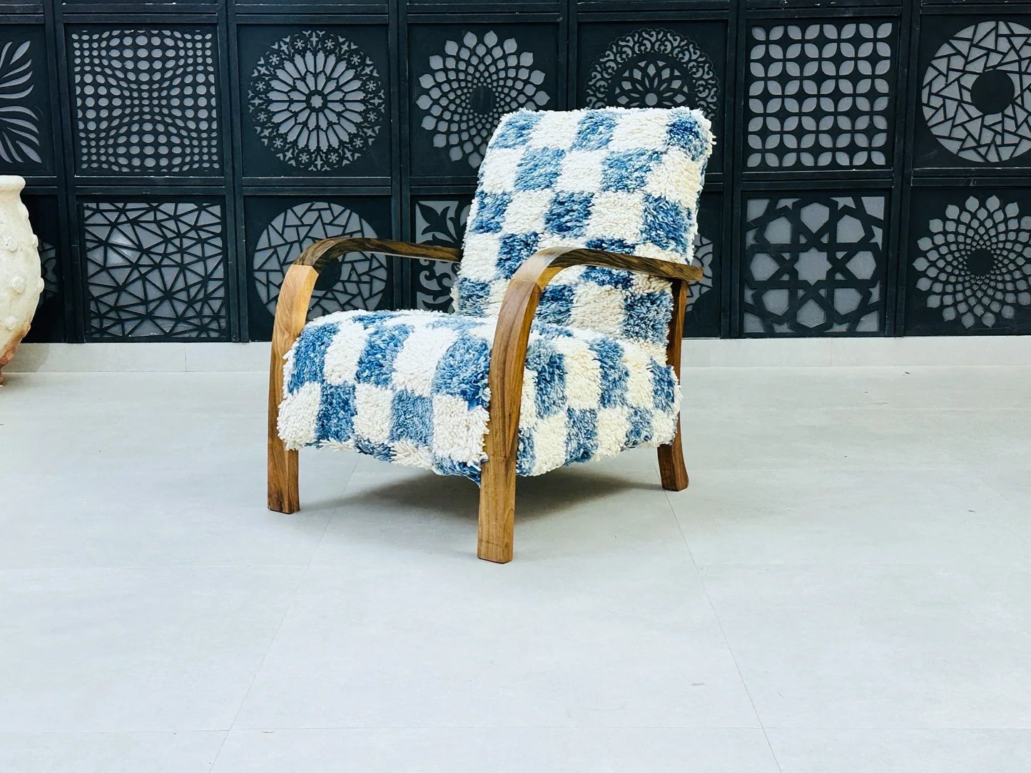 Moroccan Wool Lounge Chair with Walnut Frame