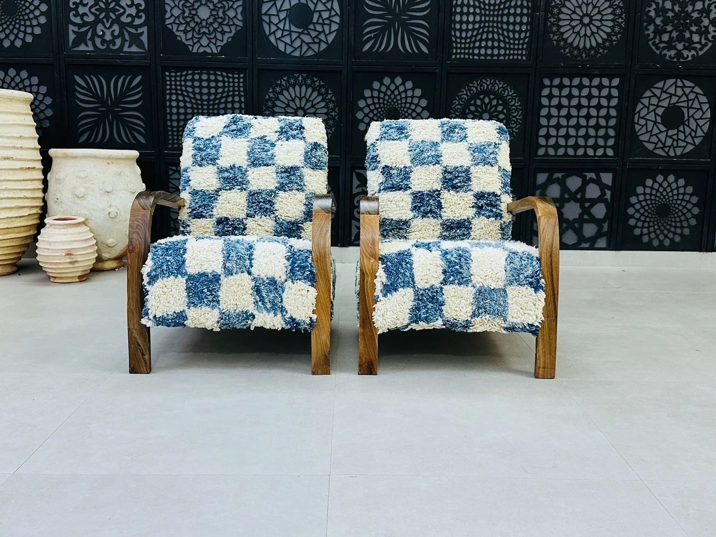 2 set of Moroccan Wool Lounge Chair with Walnut Frame