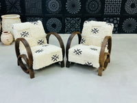 2 set of White Moroccan Wool Lounge Chair with Walnut Frame