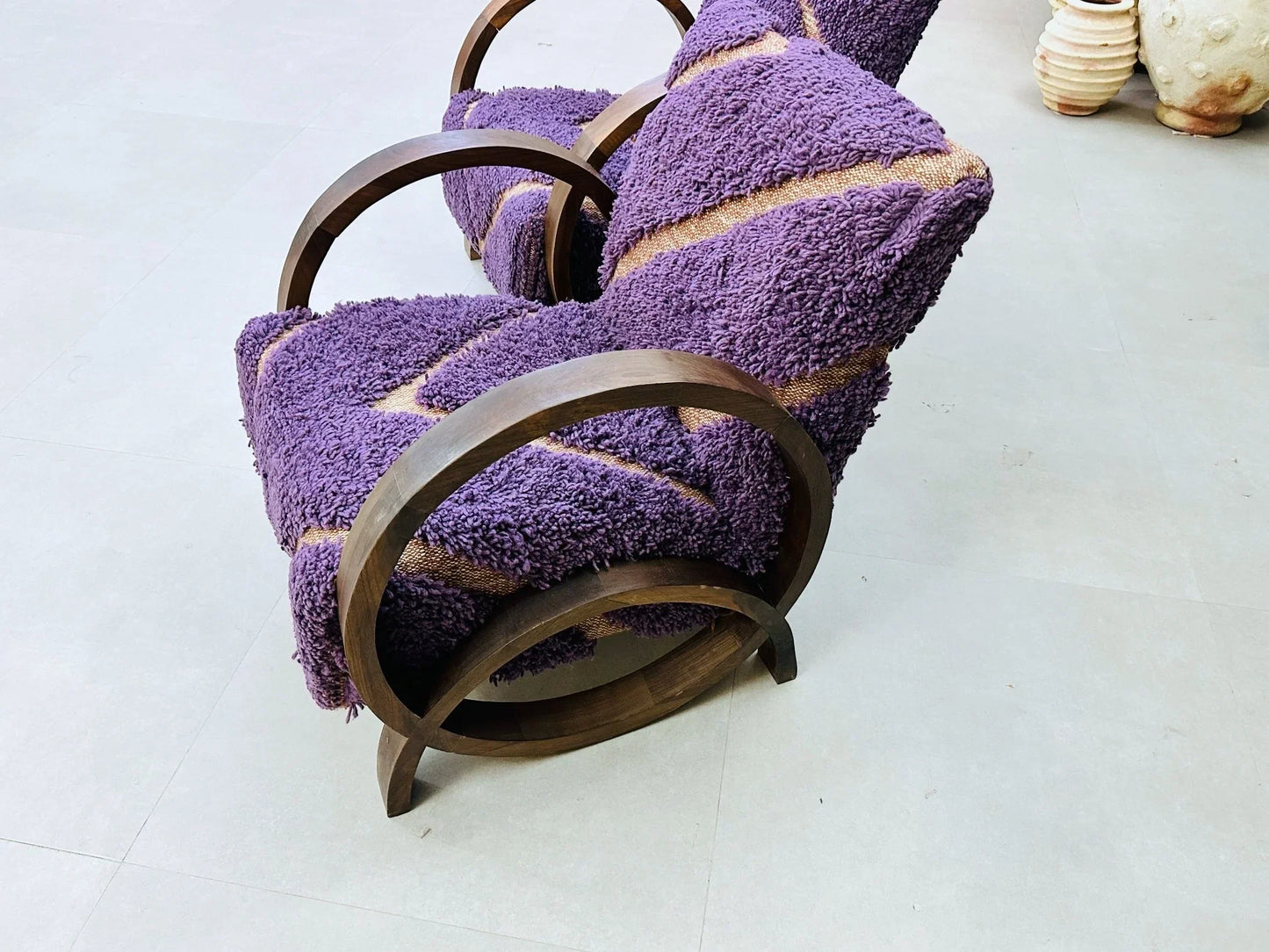 2 set of Moroccan Wool Lounge Chair with Walnut Frame