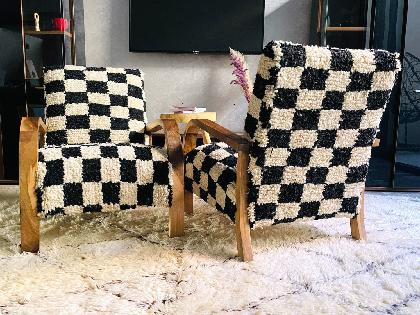 2 set of Moroccan Wool Lounge Chair with Walnut Frame