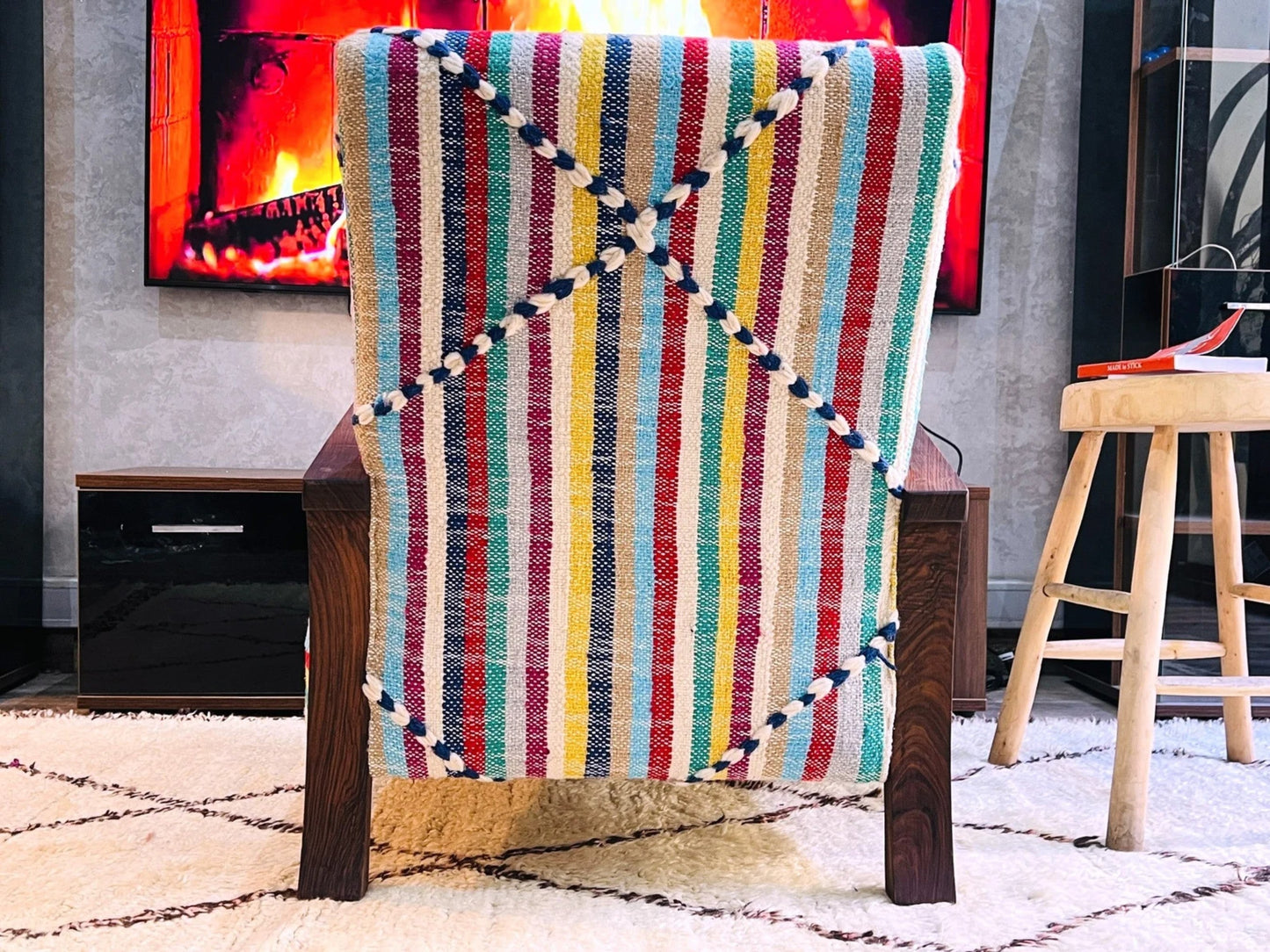 Moroccan Wool Lounge Chair with Walnut Frame
