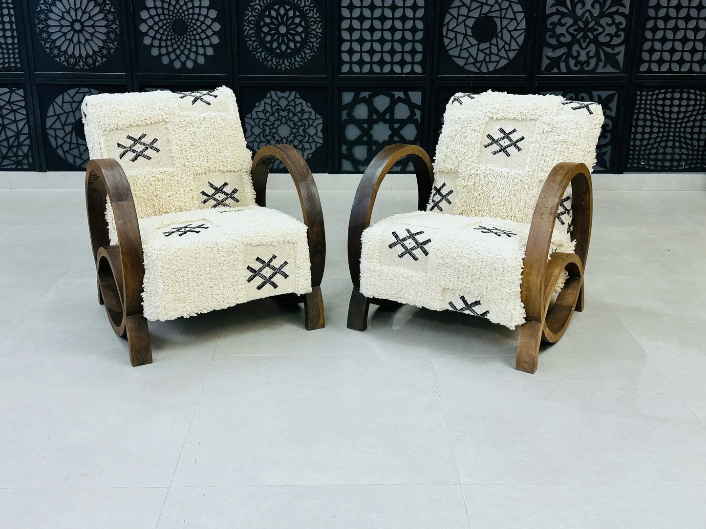 2 set of White Moroccan Wool Lounge Chair with Walnut Frame