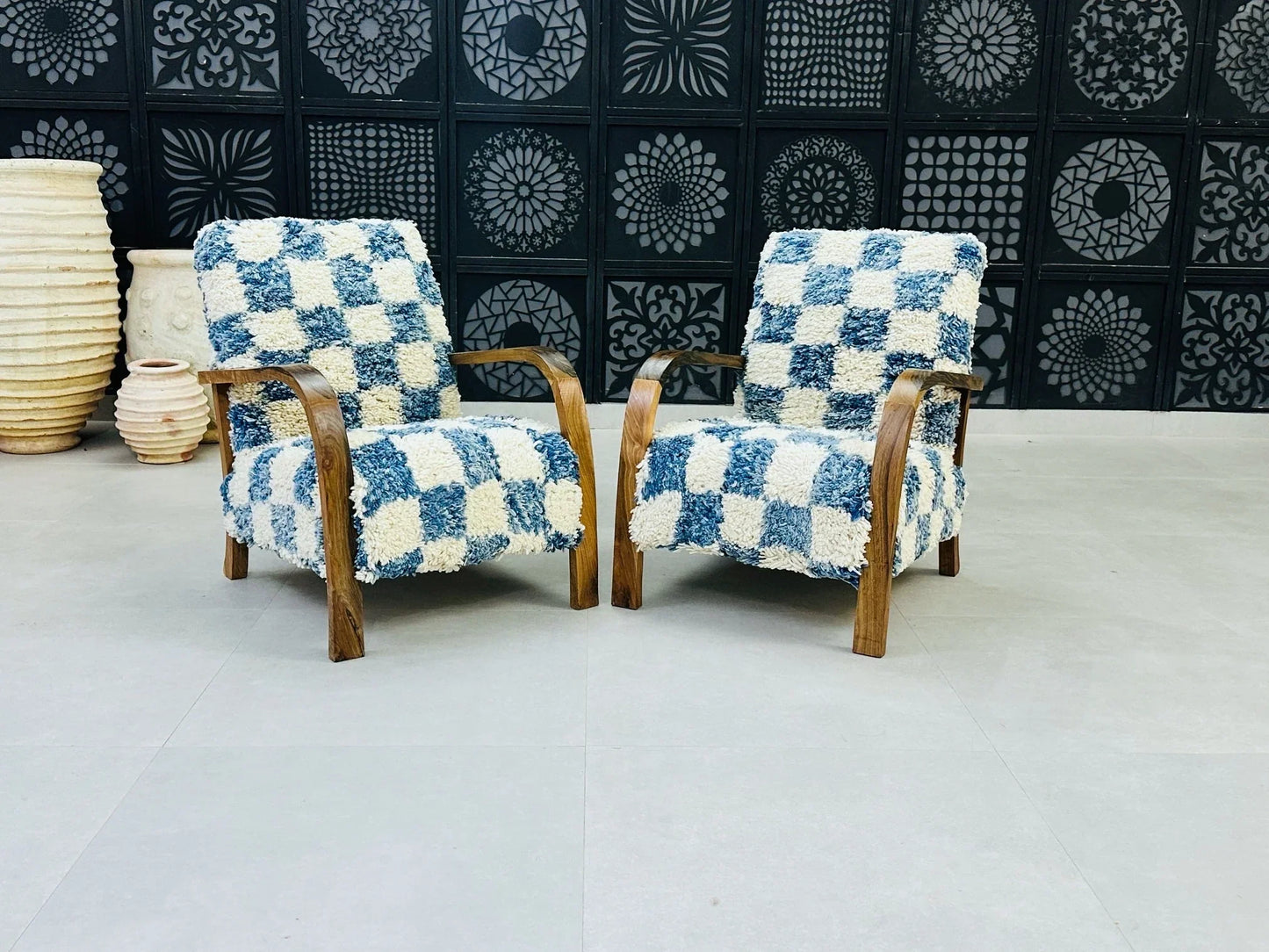 2 set of Moroccan Wool Lounge Chair with Walnut Frame