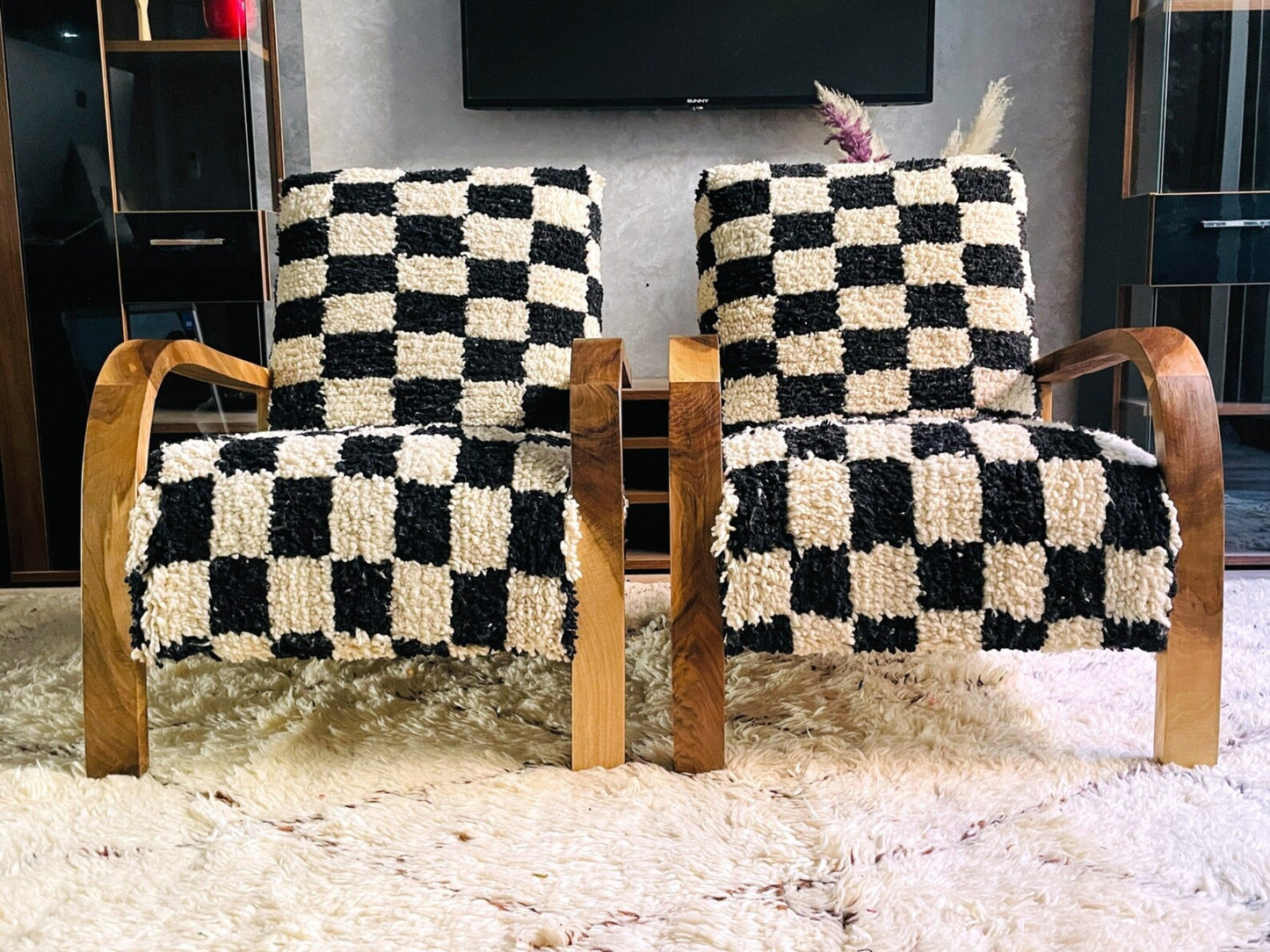 2 set of Moroccan Wool Lounge Chair with Walnut Frame