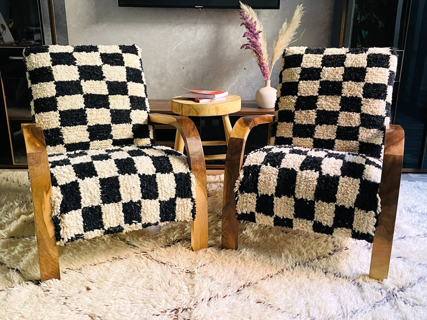 2 set of Moroccan Wool Lounge Chair with Walnut Frame