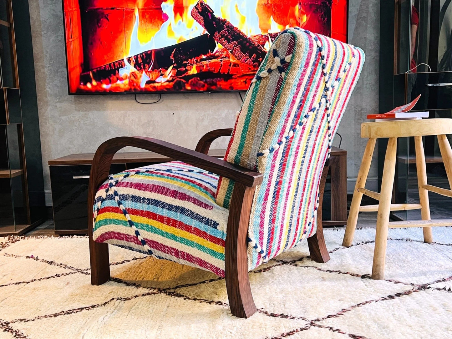 Moroccan Wool Lounge Chair with Walnut Frame