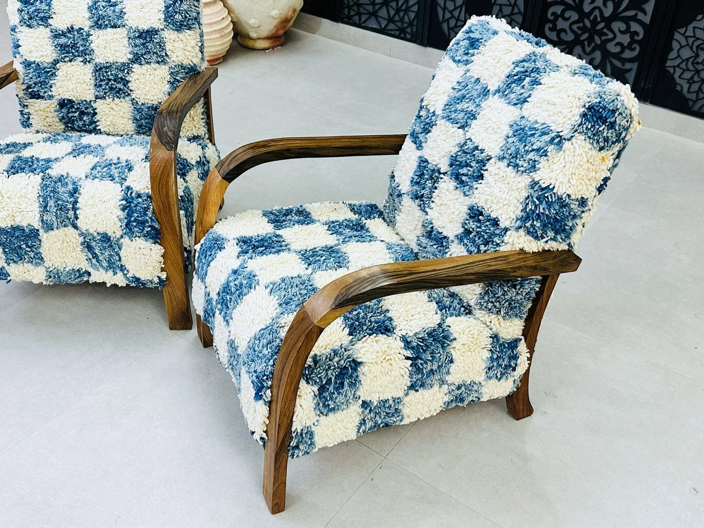 2 set of Moroccan Wool Lounge Chair with Walnut Frame