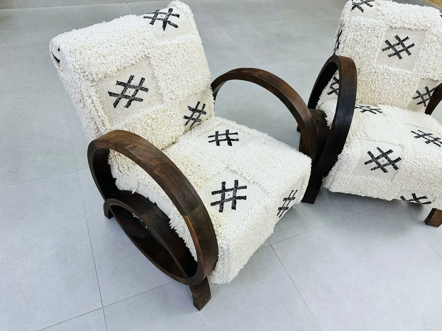 2 set of White Moroccan Wool Lounge Chair with Walnut Frame